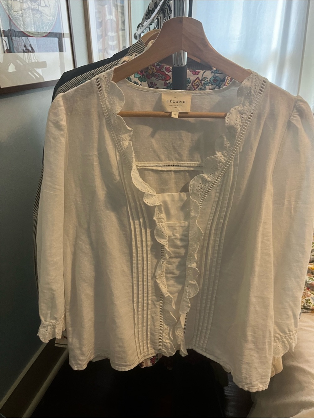 Sezane White Ruffled Linen Top